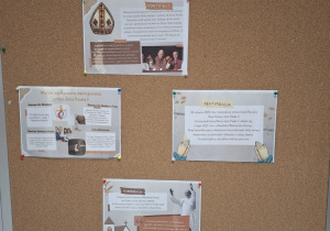 Tablica tematyczna z najważniejszymi wydarzeniami z życia Patrona.