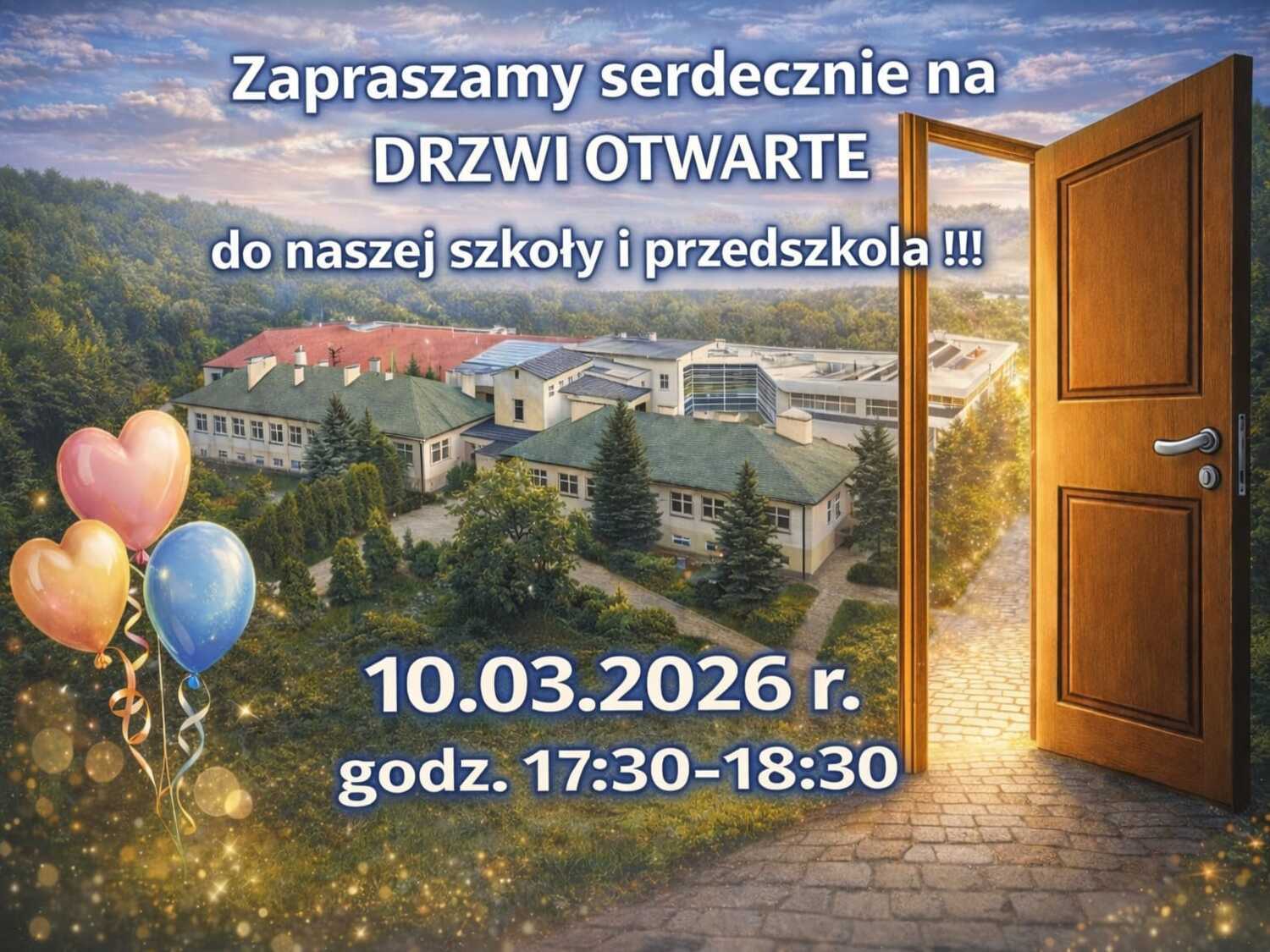 Plakat informacyjny dotyczący drzwi otwartych szkoły i przedszkola.