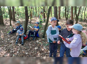 Uczniowie podczas nauki w lesie.
