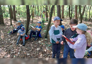 Uczniowie są w lesie i uzupełniają kartę młodego przyrodnika.