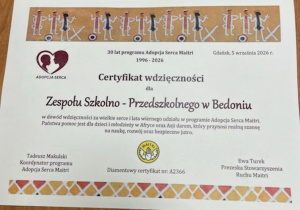 Certyfikat wdzięczności za udział w programie.